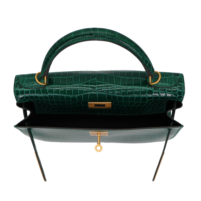 Hermès 28cm Kelly Sellier HSS Emerald Shiny Porosus Crocodile Brushed Gold Hardware