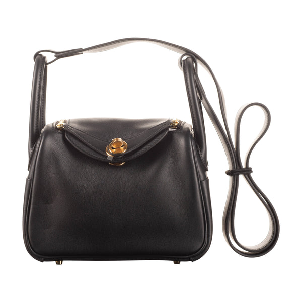Hermes 20cm Lindy Mini Black Swift Leather Gold Hardware exclusive at Prive Porter