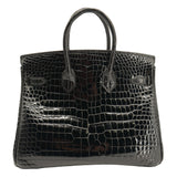 Herm�s 25cm Birkin Black Shiny Porosus Crocodile Gold Hardware