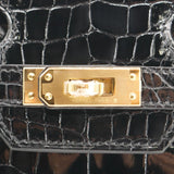 Herm�s 25cm Birkin Black Shiny Porosus Crocodile Gold Hardware