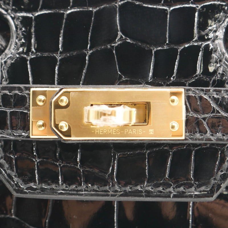 Herm�s 25cm Birkin Black Shiny Porosus Crocodile Gold Hardware