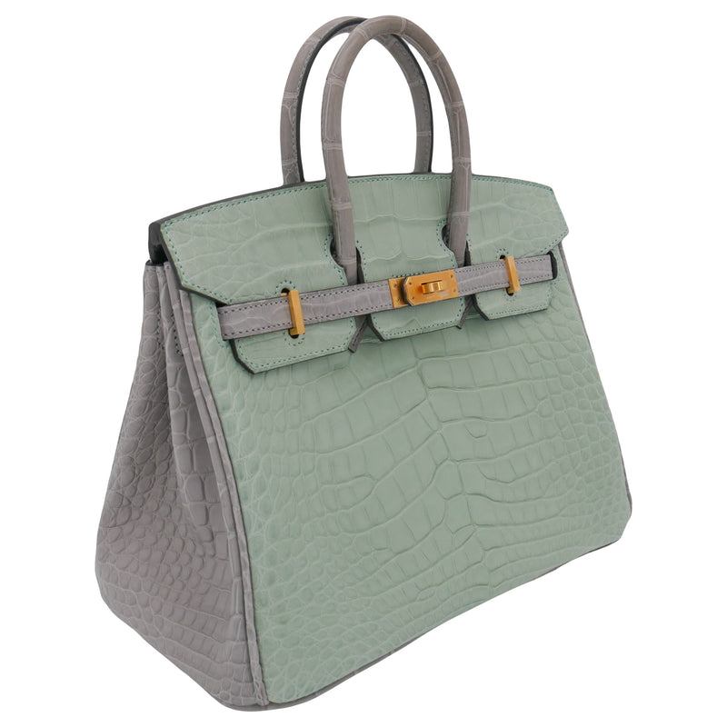 Herm�s 25cm Birkin HSS Vert D'eau/Gris Perle Matte Alligator Brushed Gold Hardware