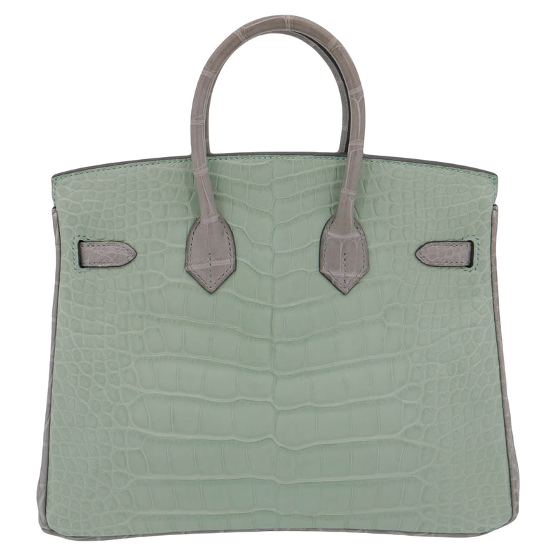 Herm�s 25cm Birkin HSS Vert D'eau/Gris Perle Matte Alligator Brushed Gold Hardware