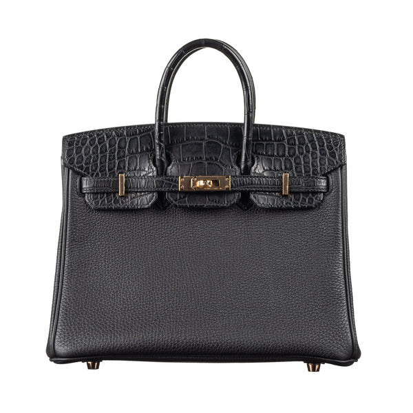 Hermès 25cm Birkin Touch Black Matte Alligator/Togo Leather Rose