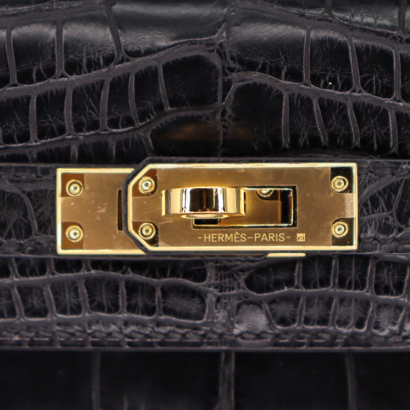 Hermès 25cm Kelly Retourne Black Matte Alligator Gold Hardware