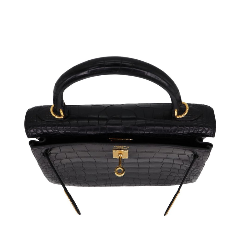 Herm�s 25cm Kelly Retourne Black Matte Alligator Gold Hardware