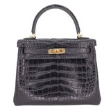 Herm�s 25cm Kelly Retourne Black Matte Alligator Gold Hardware