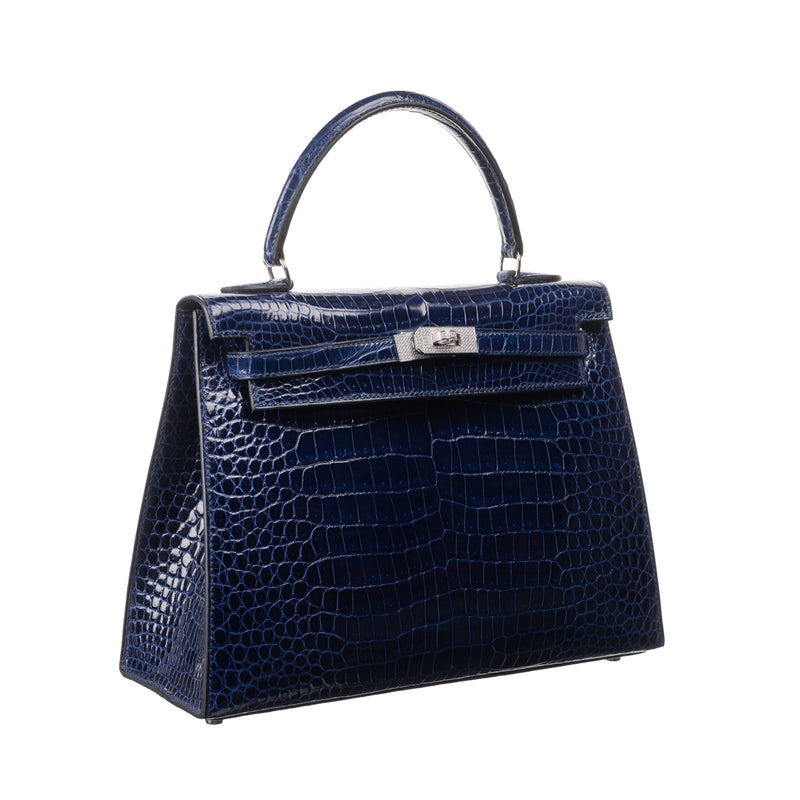 Herm�s 25cm Kelly Sellier Bleu Indigo Shiny Niloticus Crocodile Diamond Hardware