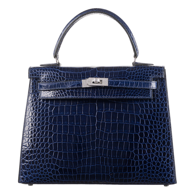 Hermès 25cm Kelly Sellier Bleu Indigo Shiny Niloticus Crocodile