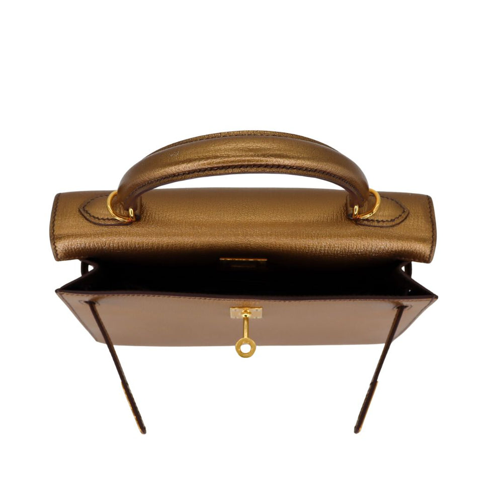 Hermès 25cm Kelly Sellier Bronze Metallic Chevre Gold Hardware
