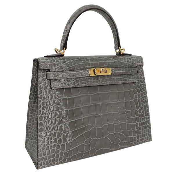 Herm�s 25cm Kelly Sellier Gris Cement Shiny Alligator Gold Hardware