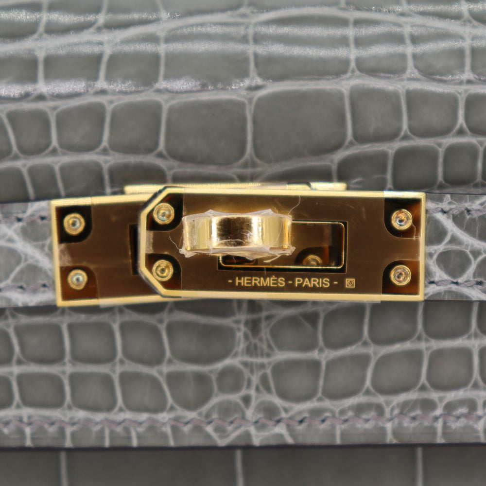 Hermès 25cm Kelly Sellier Gris Cement Shiny Alligator Gold