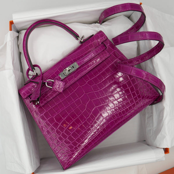 Hermès 25cm Kelly Sellier Rose Pourpre Shiny Niloticus Palladium