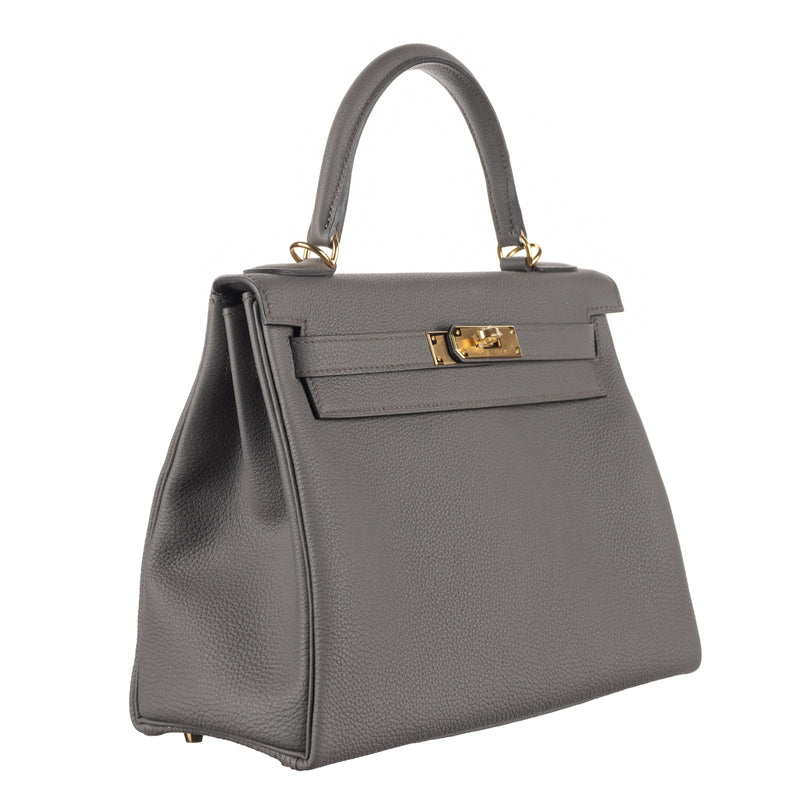 Herm�s 28cm Kelly Retourne Gris Etain Togo Leather Gold Hardware