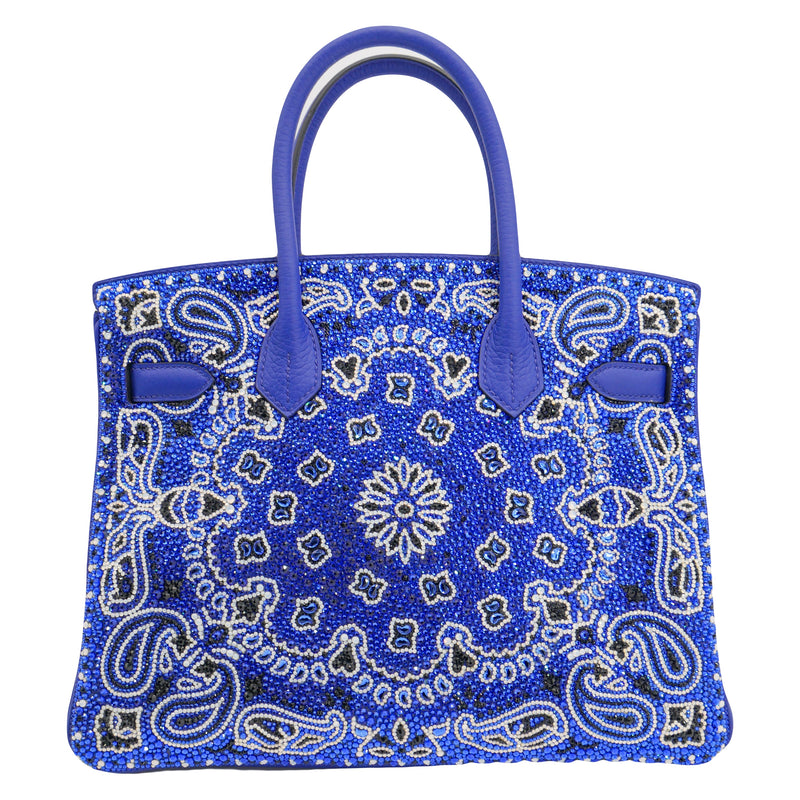 Herm�s 30cm Birkin Customized Blue Bandana Swarovski Crystal Palladium Hardware