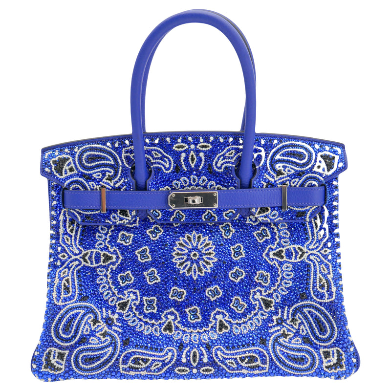 Herm�s 30cm Birkin Customized Blue Bandana Swarovski Crystal Palladium Hardware