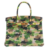 Herm�s 30cm Birkin Customized Green Camouflage Swarovski Crystal Gold Hardware