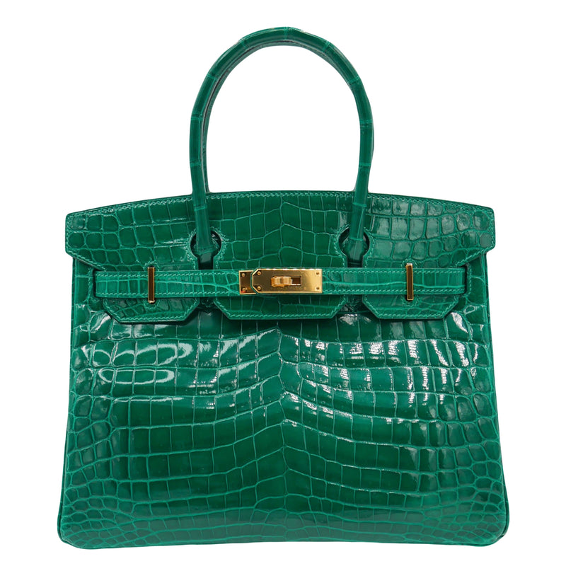 Herm�s 30cm Birkin Emerald Shiny Niloticus Gold Hardware