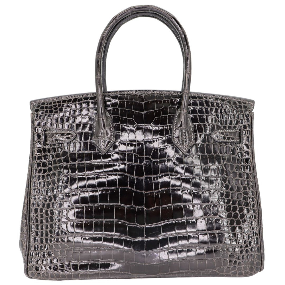 Hermes 30cm Birkin Graphite Shiny Porosus Crocodile White Gold Diamond Prive Porter