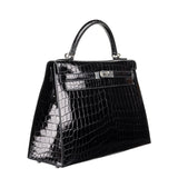 Herm√®s 32cm Kelly Black Shiny Niloticus Palladium Hardware