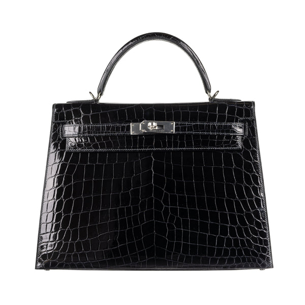 Herm√®s 32cm Kelly Black Shiny Niloticus Palladium Hardware