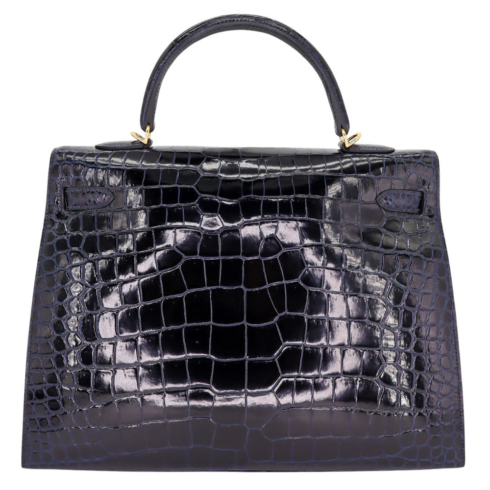 Hermès 35cm Kelly Sellier Bleu Marine Shiny Porosus Crocodile