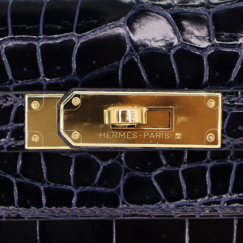Herm�s 35cm Kelly Sellier Bleu Marine Shiny Porosus Crocodile Gold Hardware
