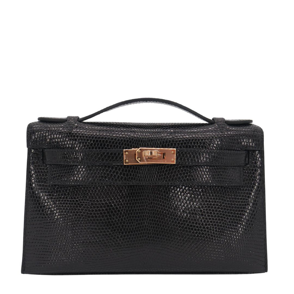 Hermès Kelly Pochette Black Shiny Lizard RGHW exclusive at Privé