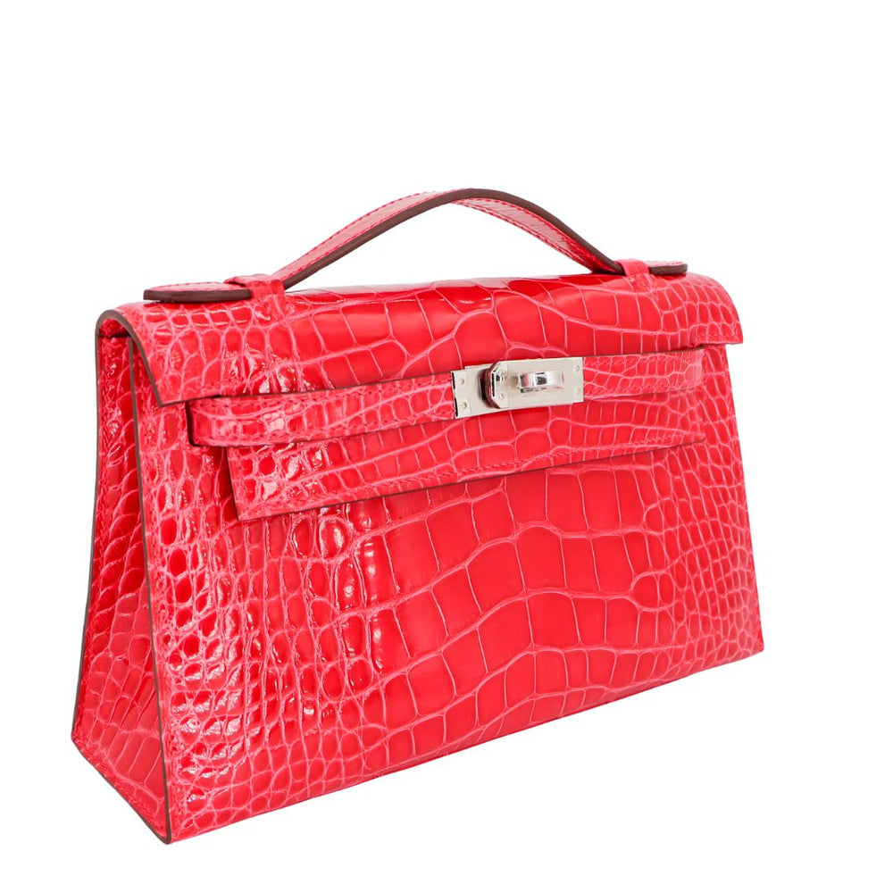 Hermès Kelly Pochette Rose Extreme Shiny Alligator Palladium