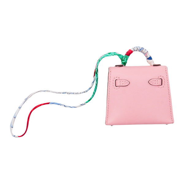 Herm�s Micro Mini Kelly Twilly Bag Charm Rose Sakura Tadelakt Leather Palladium Hardware (PHW)