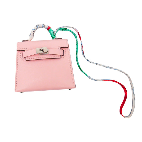 Herm�s Micro Mini Kelly Twilly Bag Charm Rose Sakura Tadelakt Leather Palladium Hardware (PHW)