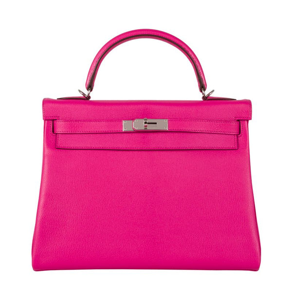Hermès 32cm Kelly Rose Shocking Chevre PHW exclusive at Privé Porter